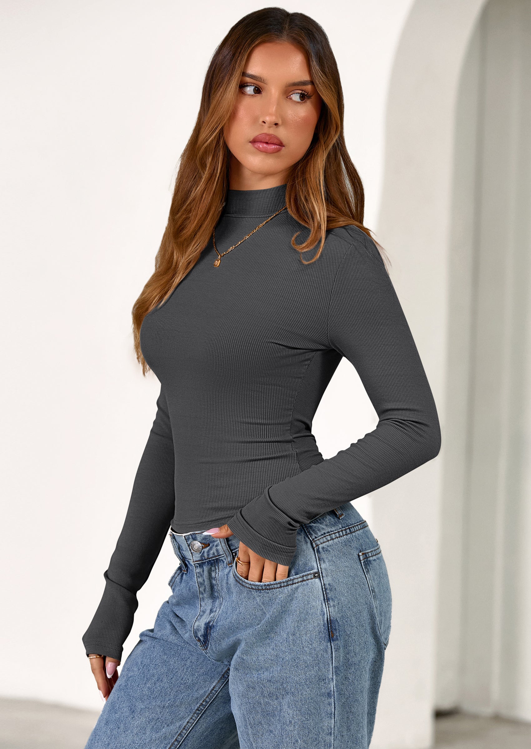 PRETTYGARDEN Women's Turtleneck Long Sleeve Shirts Fall Basic Tees Ribbed Fitted Tops Thermal Layering Knit Top Clothes