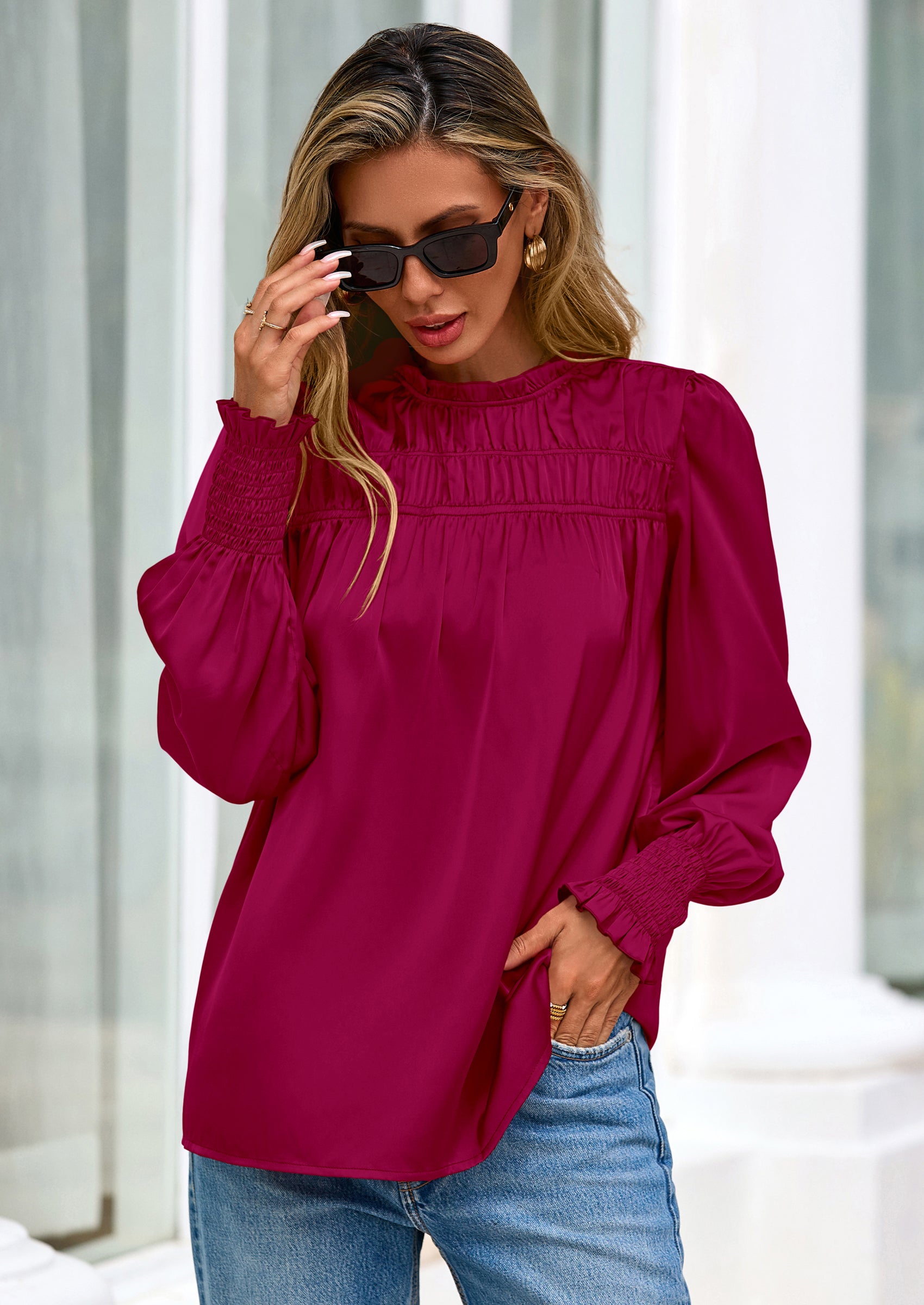 PRETTYGARDEN Blouses for Women Dressy Casual Fall Outfits Frill Neck Long Sleeve Shirts Satin Work Business Casual Tops