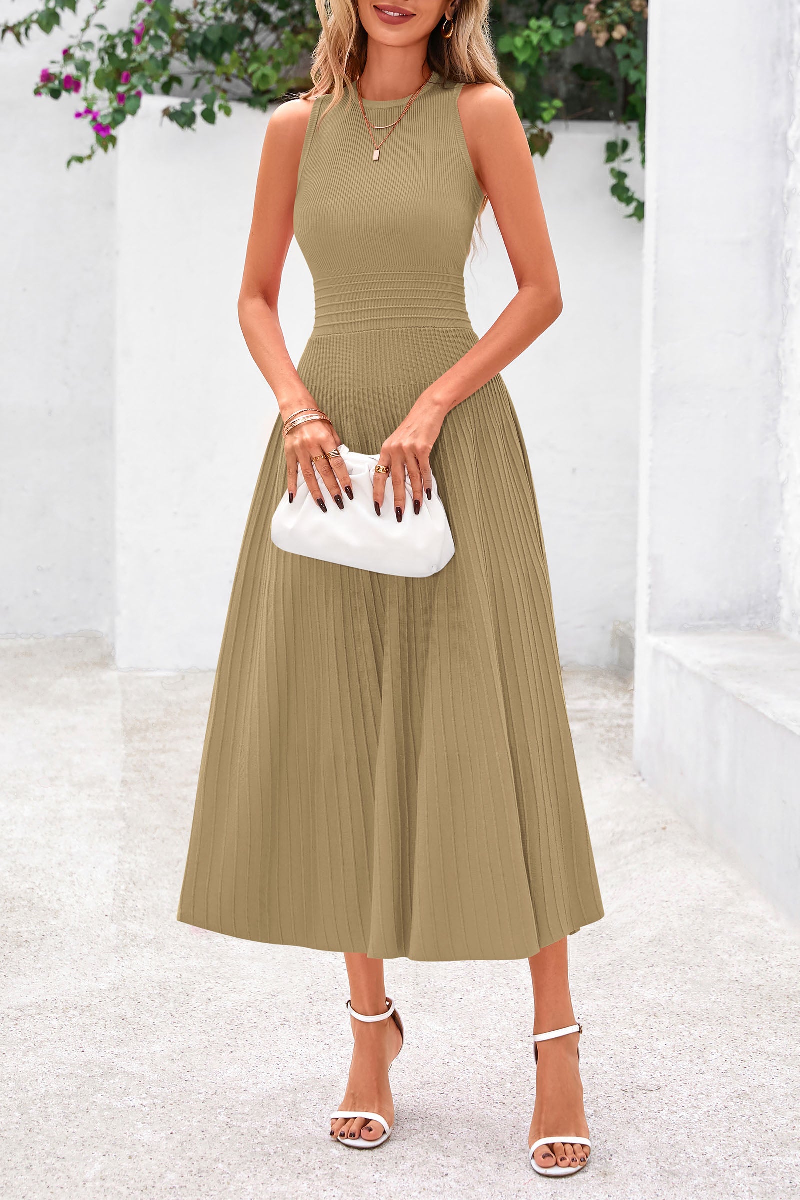 PRETTYGARDEN Spring Casual Dresses for Women Summer Business Work Midi Sleeveless A Line Pleated Cocktail Dress