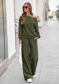 PRETTYGARDEN Womens 2 Piece Casual Matching Lounge Sets  Fashion Off the Shoulder Sweatshirt, Wide Leg Pants with Pockets, Comfy Airport Travel Outfit, 2026 Trendy Fall Set