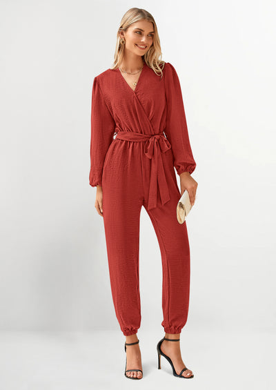 PRETTYGARDEN Women's Fall Jumpsuits Dressy Casual Pants Romper Spring Long Sleeve V Neck Belt Pockets One Piece Outfits