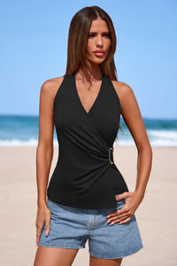 PRETTYGARDEN Womens Halter Top Spring Tie Wrap Sleeveless Ruched V Neck Fitted Summer Tops Backless Fashion Y2k Clothes PRETTYGARDEN