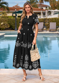 PRETTYGARDEN Boho Dresses for Women Summer Spring Casual Floral Short Sleeve V Neck Maxi Elastic Waist Dress Pockets