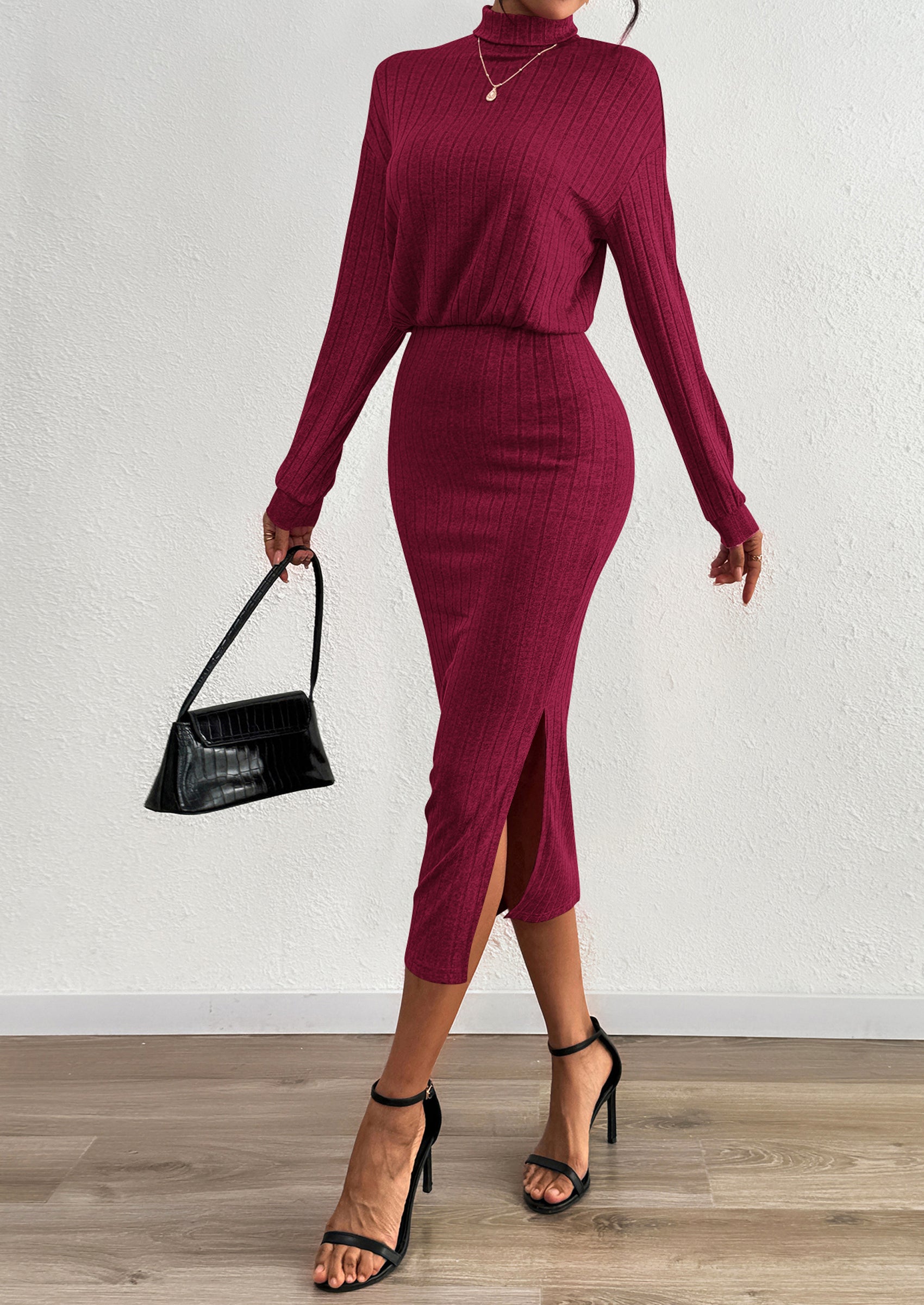 PRETTYGARDEN Turtle Neck Dresses for Women Fall Knit Outfits Slit Elastic Waist Long Sleeve Bodycon Midi Sweater Dress
