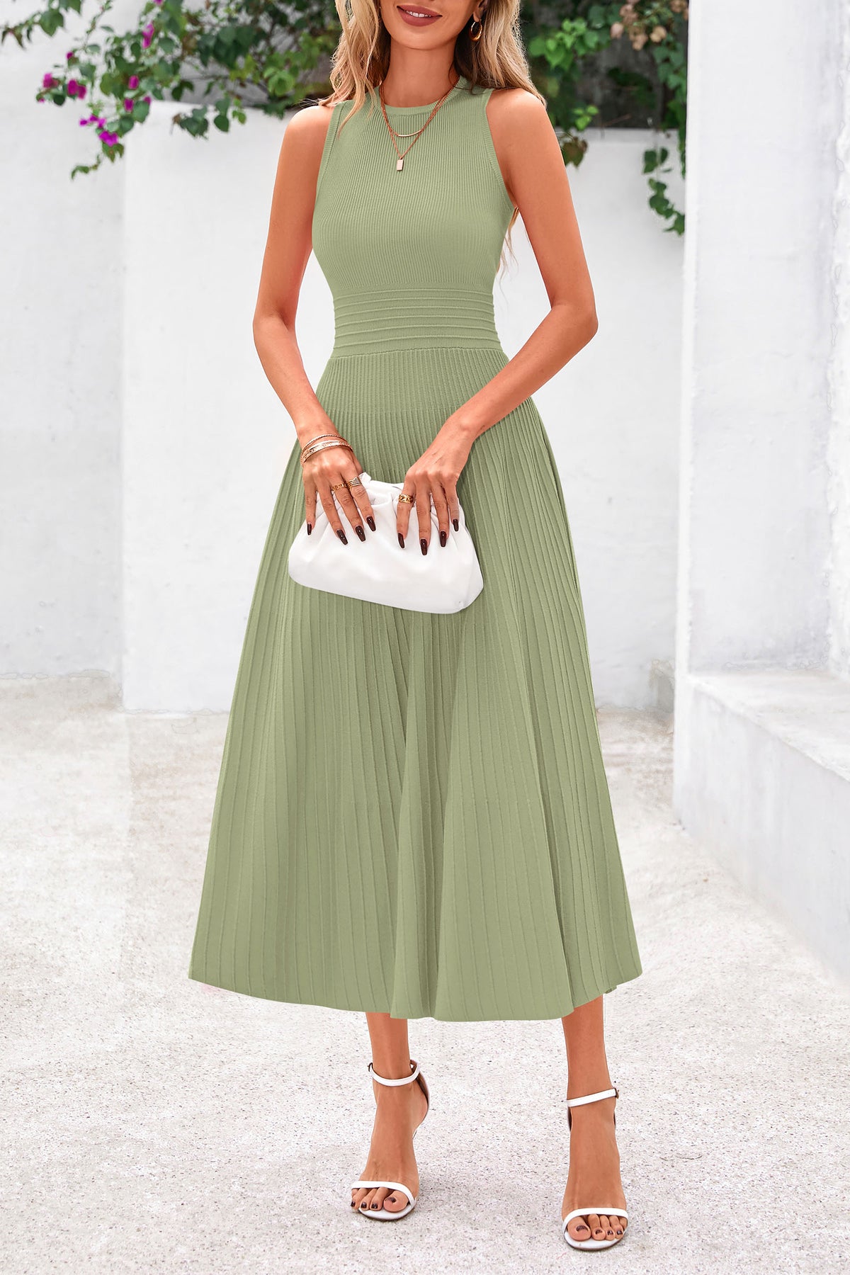 Women's Summer Midi Dresses 2025 Sleeveless Crewneck Knit A Line Pleated Swing Wedding Guest Casual Tank Dress