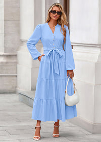 PRETTYGARDEN Fall Dresses for Women Long Sleeve V Neck Belted Ruffle A Line Flowy Boho Maxi Wedding Guest Dress Pockets