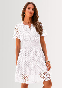 PRETTYGARDEN Women Summer Short Dress V Neck Short Sleeve A Line Hollow Out Lace Ruffle Cute Casual Beach Party Dresses