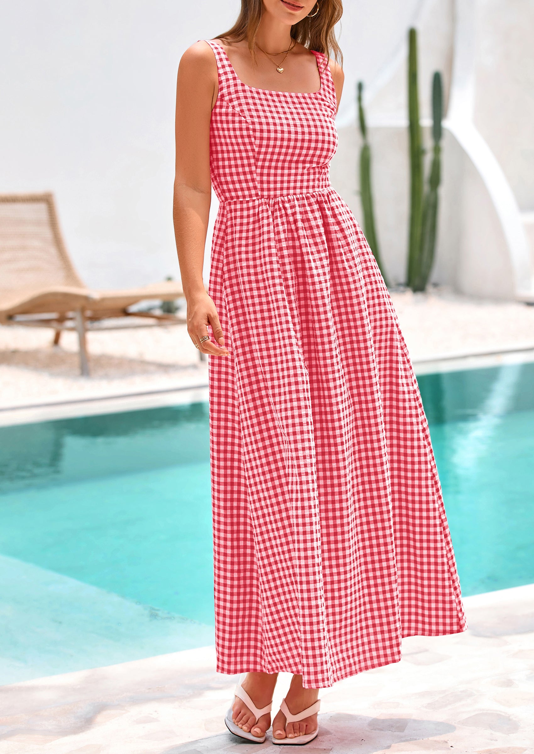 PRETTYGARDEN Women's Summer Spaghetti Strap Maxi Dresses Plaid Square Neck A Line Casual Beach Vacation Long Sundress