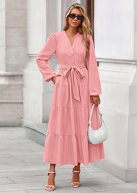 PRETTYGARDEN Fall Dresses for Women Long Sleeve V Neck Belted Ruffle A Line Flowy Boho Maxi Wedding Guest Dress Pockets