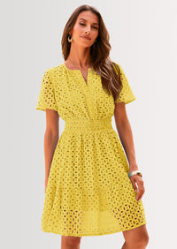 PRETTYGARDEN Women Summer Short Dress V Neck Short Sleeve A Line Hollow Out Lace Ruffle Cute Casual Beach Party Dresses