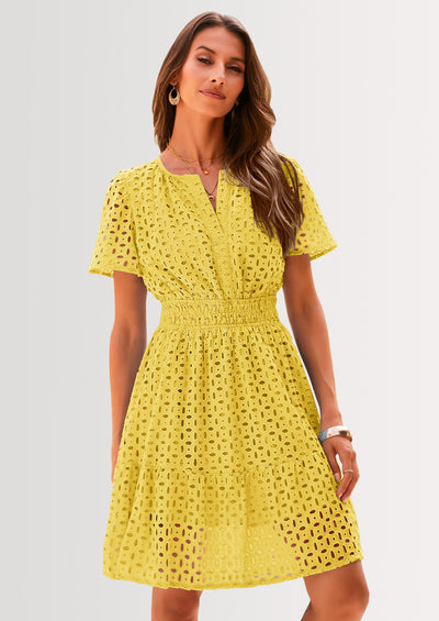 PRETTYGARDEN Women Summer Short Dress V Neck Short Sleeve A Line Hollow Out Lace Ruffle Cute Casual Beach Party Dresses