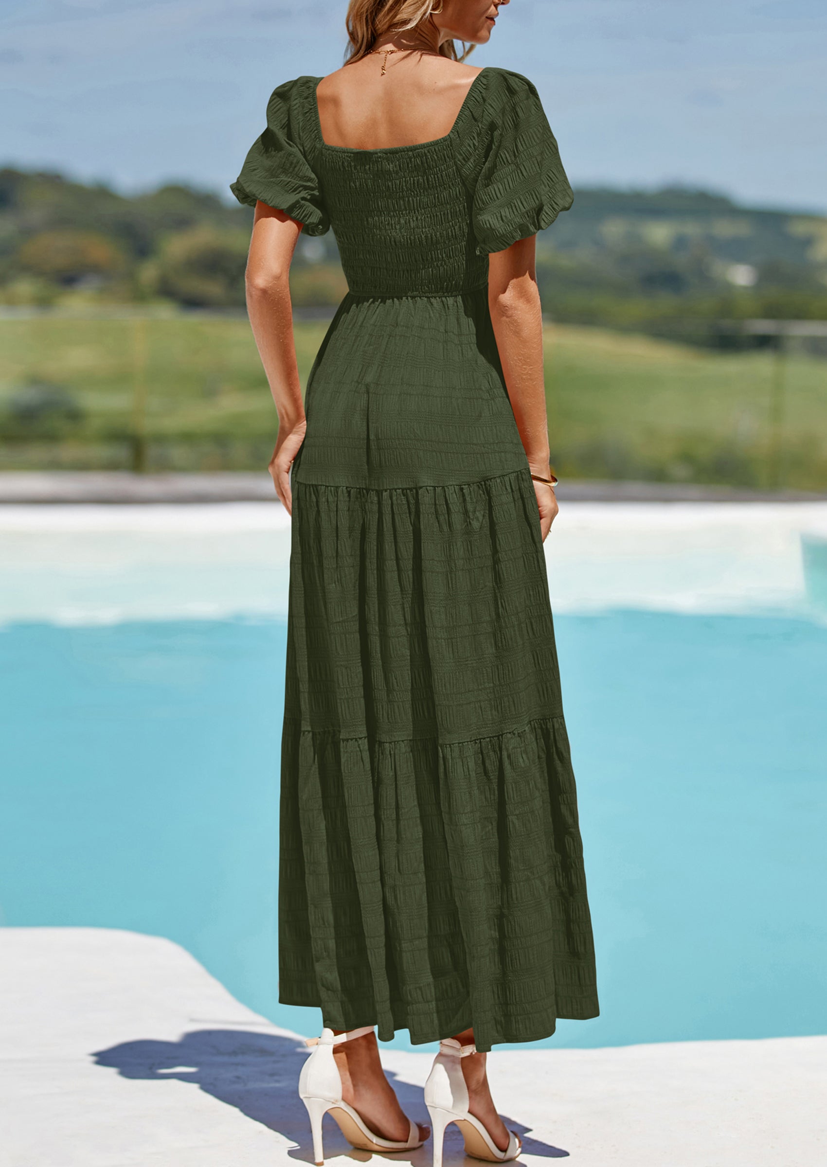 PRETTYGARDEN Womens Summer Puff Short Sleeve Maxi Dress Square Neck Smocked Tiered Ruffle A Line Long Flowy Beach Dresses