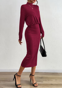 PRETTYGARDEN Turtle Neck Dresses for Women Fall Knit Outfits Slit Elastic Waist Long Sleeve Bodycon Midi Sweater Dress