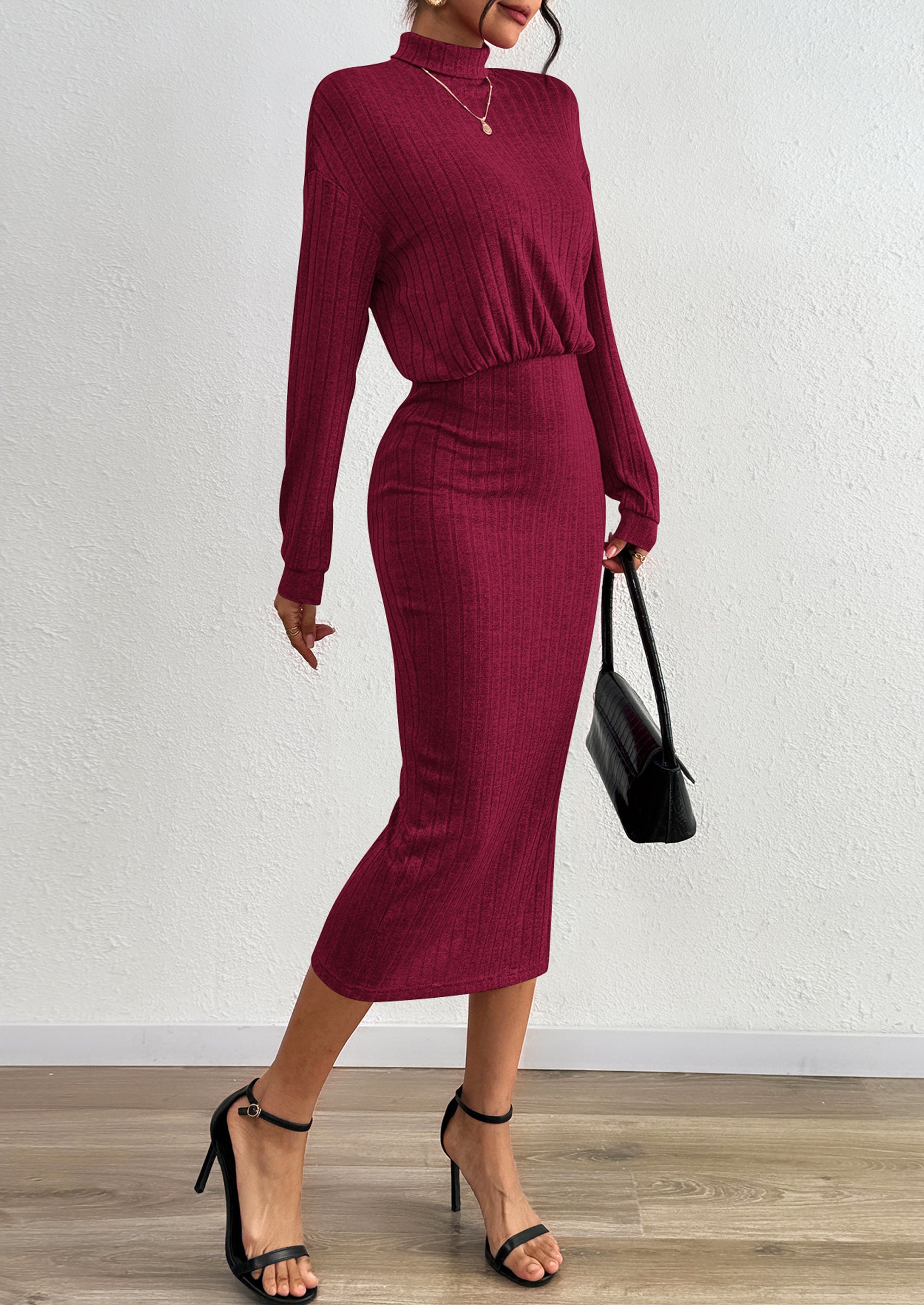 PRETTYGARDEN Turtle Neck Dresses for Women Fall Knit Outfits Slit Elastic Waist Long Sleeve Bodycon Midi Sweater Dress