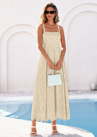 PRETTYGARDEN Womens Sleeveless Maxi Summer Dresses Hollow Out Eyelet Square Neck Ruffle Flowy Beach Vacation Sundress PRETTYGARDEN