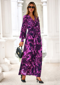 PRETTYGARDEN Women's Fall Boho Maxi Dress Floral Long Sleeve V Neck Flowy Belted Elegant Holiday Party Dresses