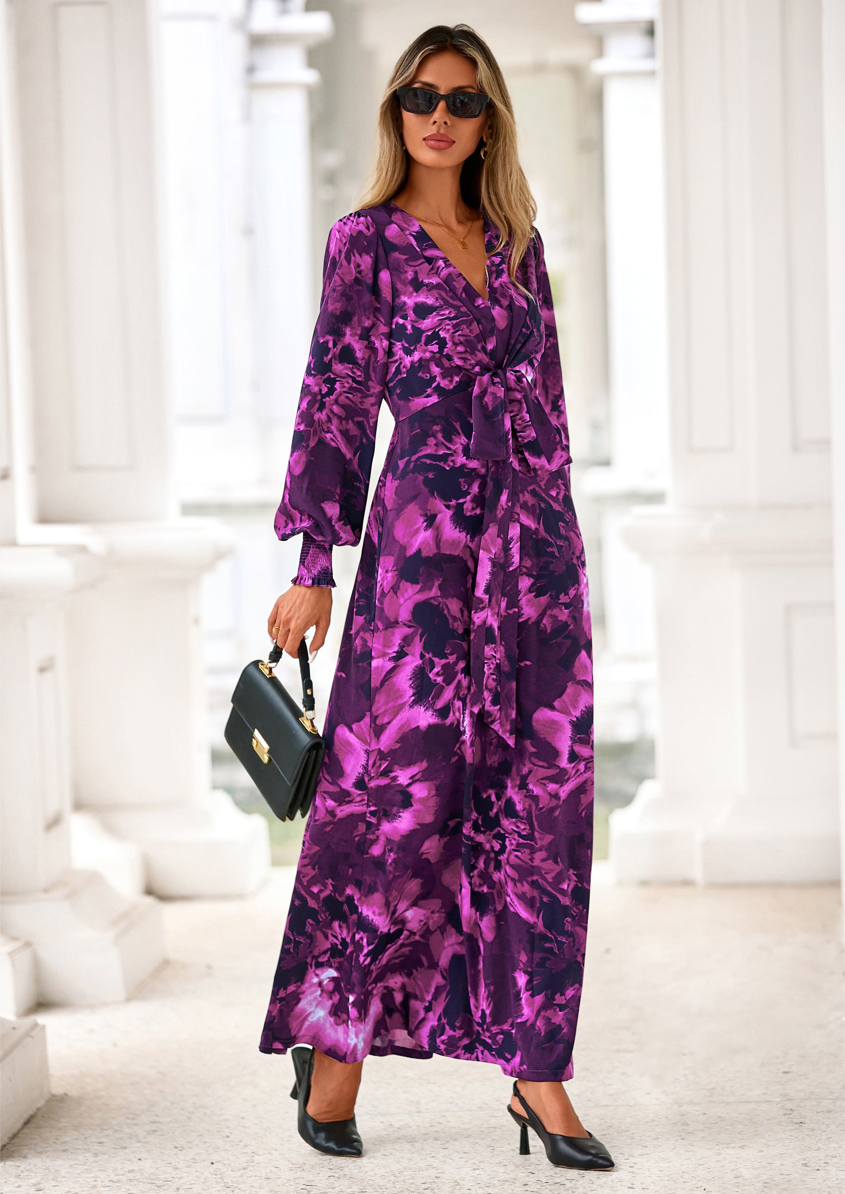 PRETTYGARDEN Women's Fall Boho Maxi Dress Floral Long Sleeve V Neck Flowy Belted Elegant Holiday Party Dresses