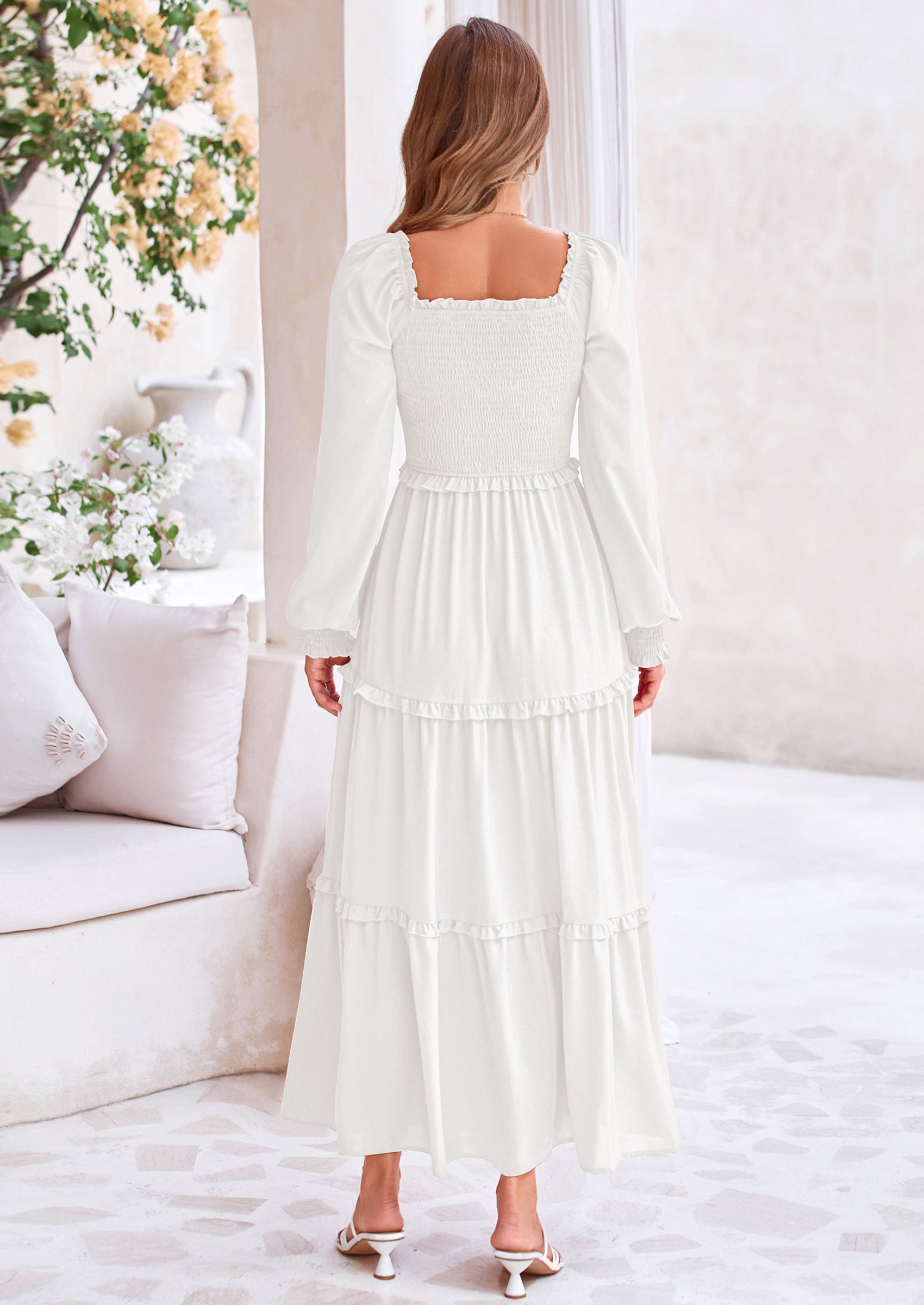PRETTYGARDEN Fall Wedding Guest Dresses for Women Long Sleeve Square Neck Tiered A Line Modest Elegant Flowy Dresses