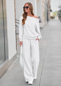 PRETTYGARDEN Womens 2 Piece Casual Matching Lounge Sets  Fashion Off the Shoulder Sweatshirt, Wide Leg Pants with Pockets, Comfy Airport Travel Outfit, 2026 Trendy Fall Set