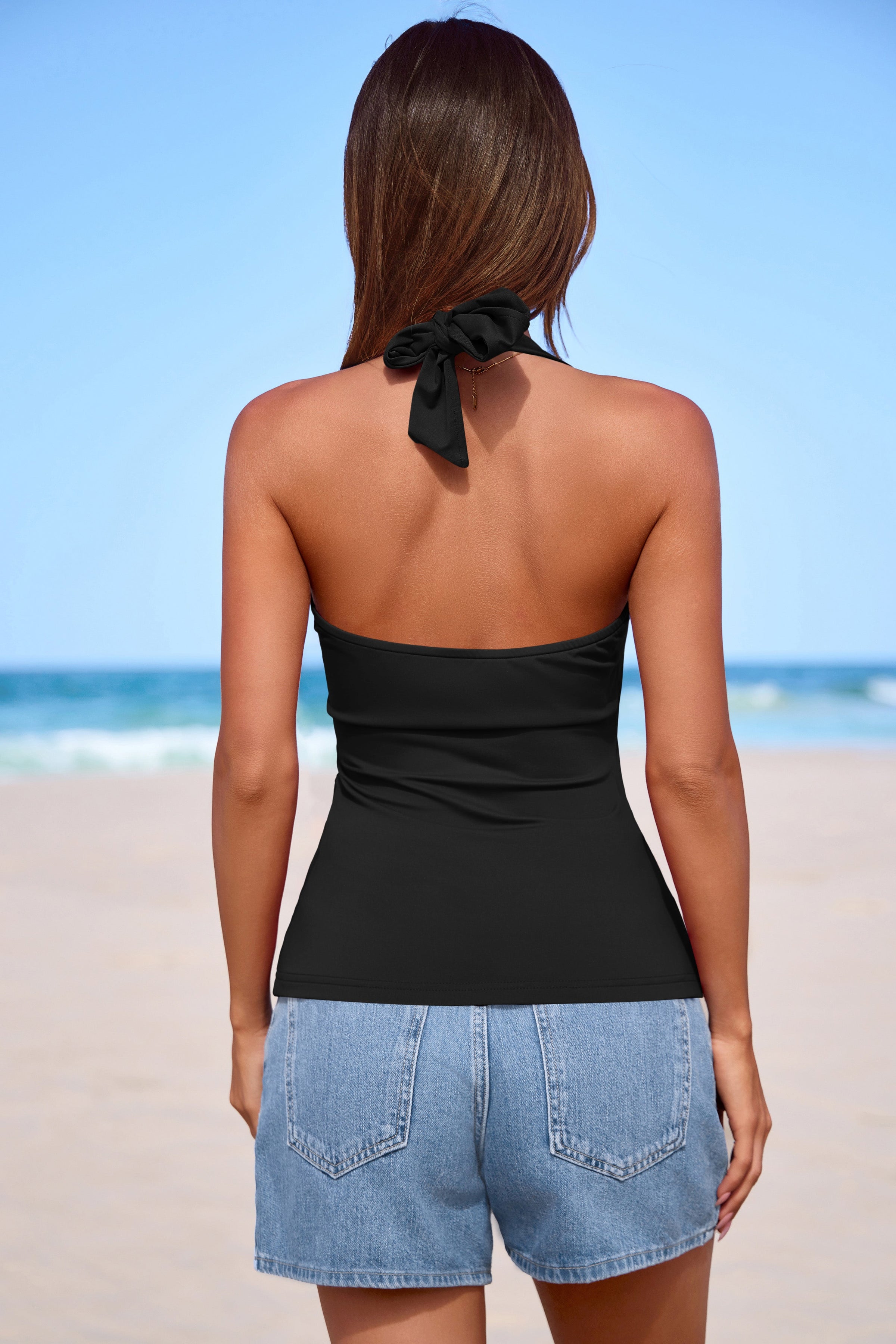 PRETTYGARDEN Womens Halter Top Spring Tie Wrap Sleeveless Ruched V Neck Fitted Summer Tops Backless Fashion Y2k Clothes PRETTYGARDEN