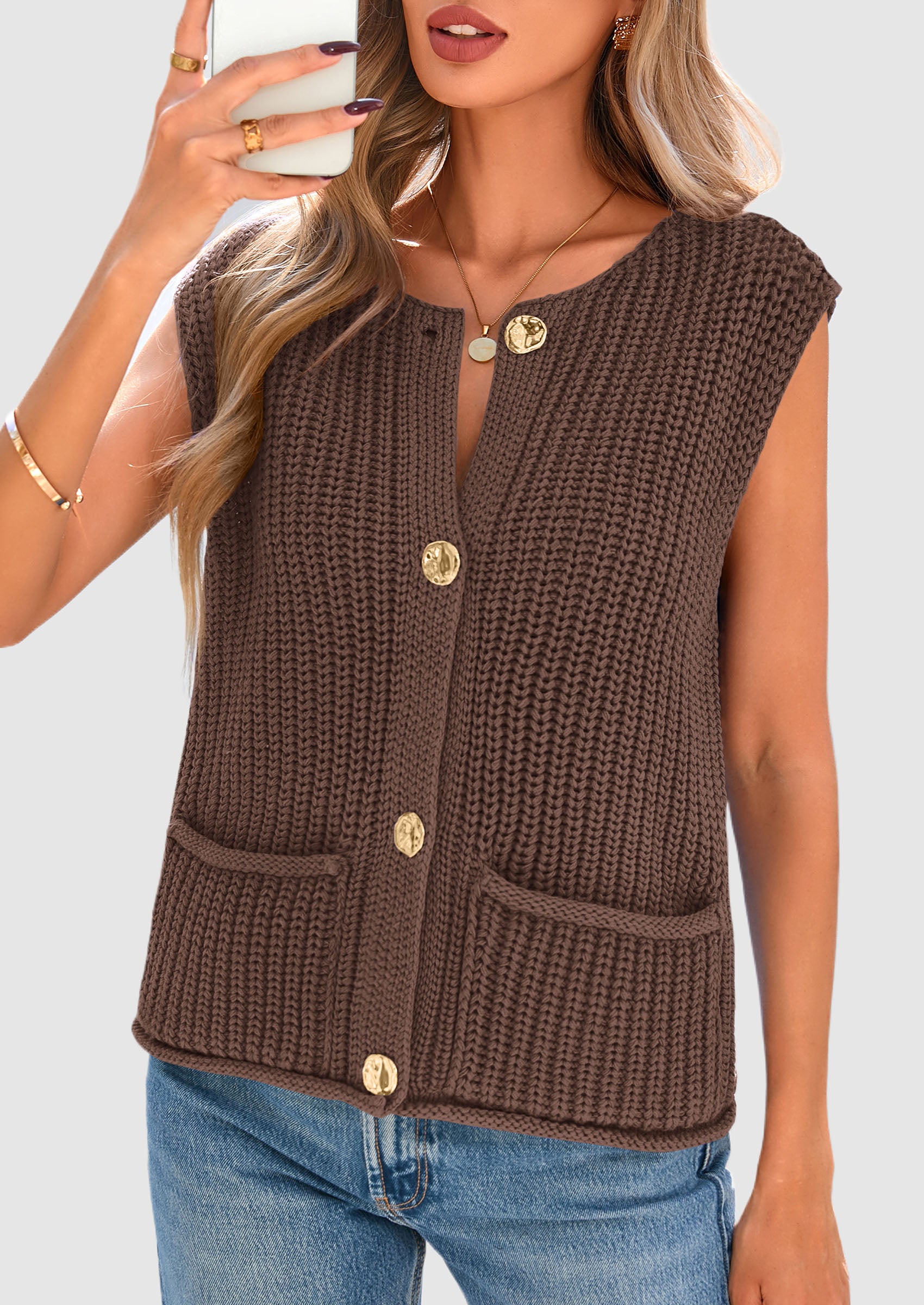 PRETTYGARDEN Women's Summer Sweaters Vest Sleeveless Button Down Cropped Pockets Chunky Knit Cardigan Trendy Tank Tops