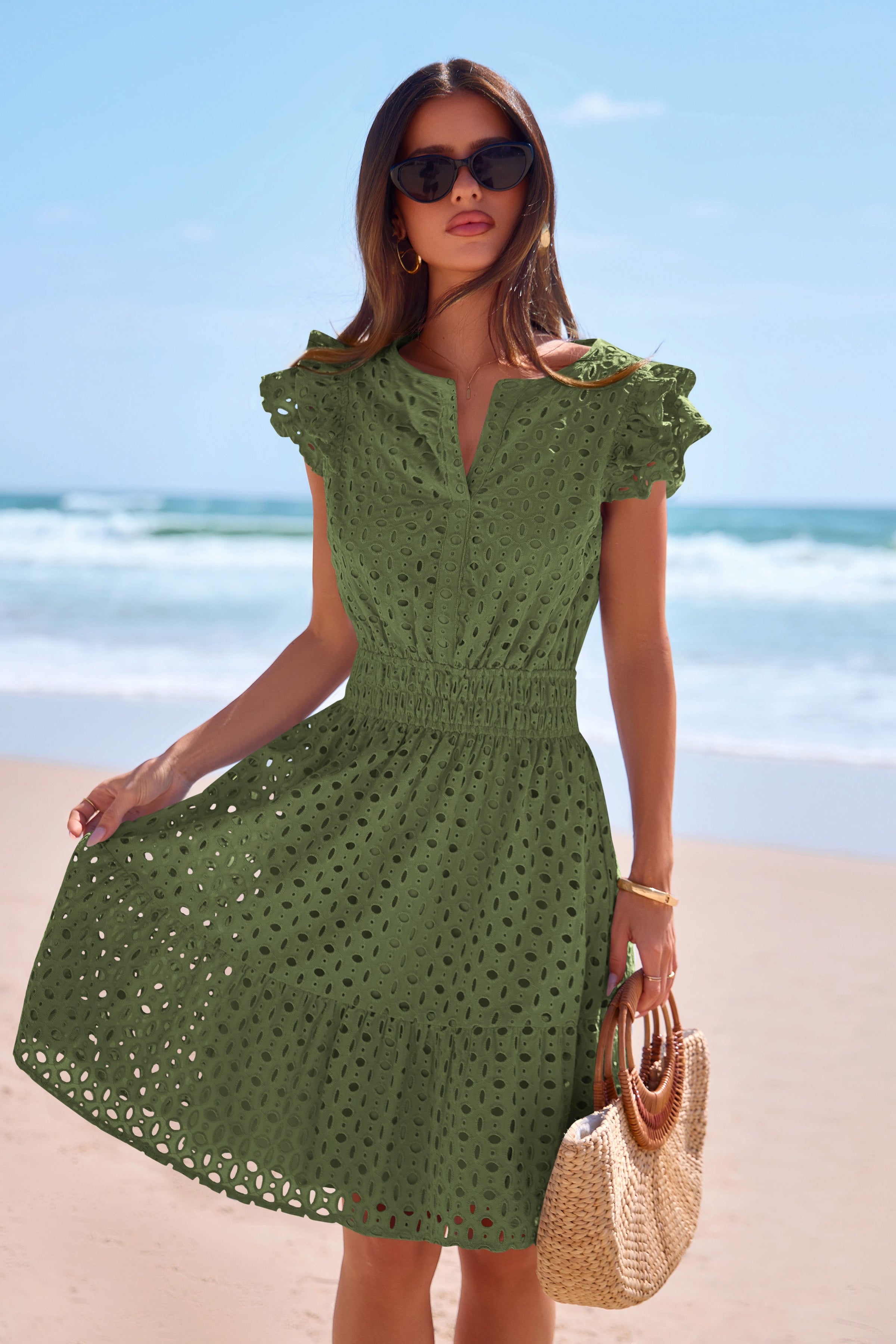 PRETTYGARDEN Women's Summer Sundresses Eyelet Cap Sleeve V Neck Short Boho Wedding Guest Dress Beach Vacation Clothes PRETTYGARDEN