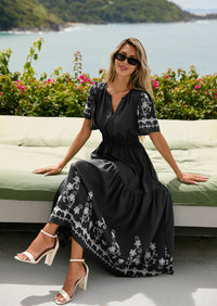 PRETTYGARDEN Women's Summer Boho Maxi Dress Spring Floral Short Sleeve V Neck A Line Flowy Beach Wedding Guest Dresses PRETTYGARDEN