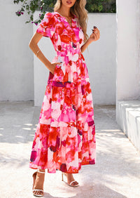 Summer Boho Floral Short Sleeve V Neck A Line Tiered Ruffle Flowy Long Beach Vacation Maxi Dresses