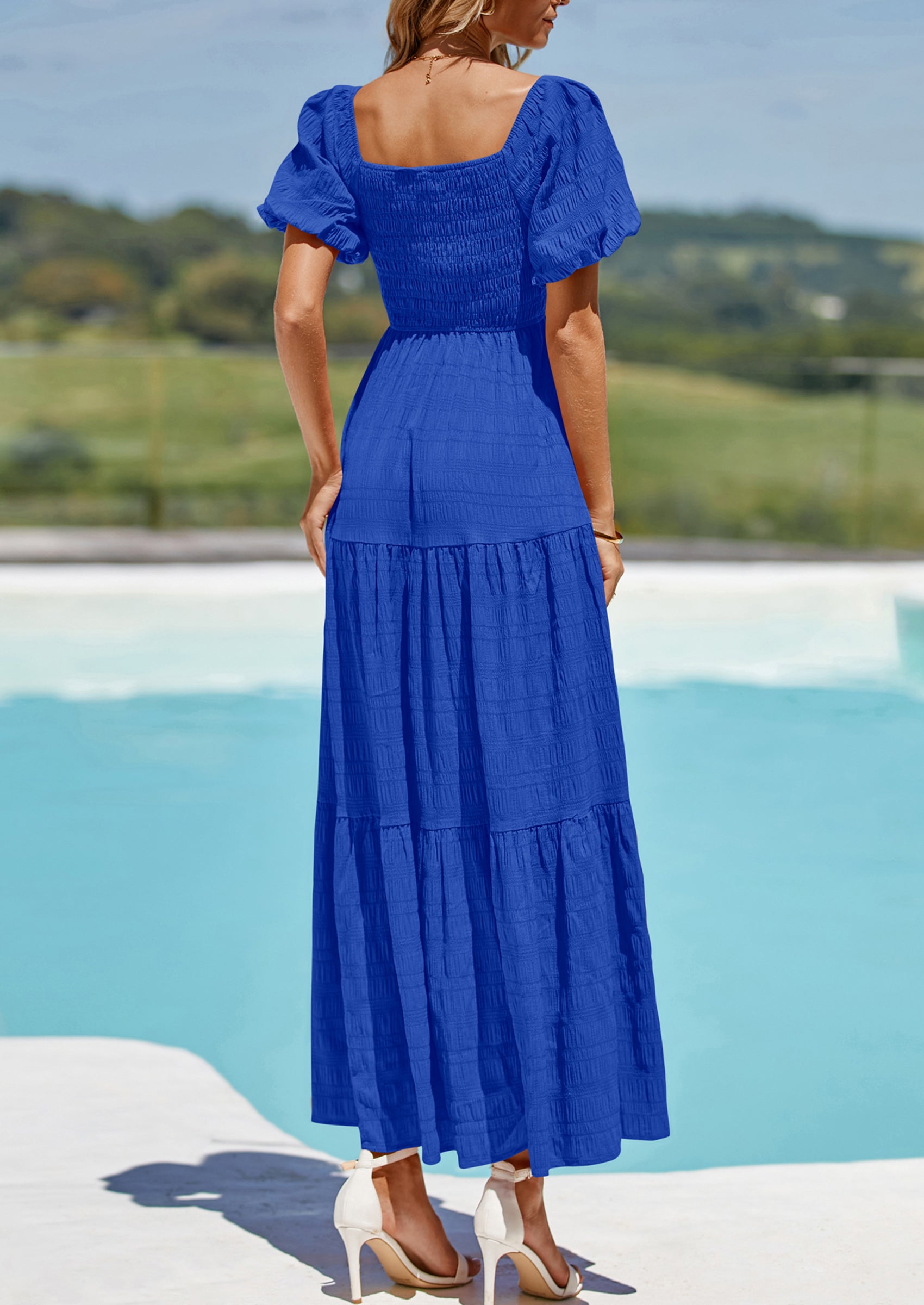 PRETTYGARDEN Womens Summer Puff Short Sleeve Maxi Dress Square Neck Smocked Tiered Ruffle A Line Long Flowy Beach Dresses