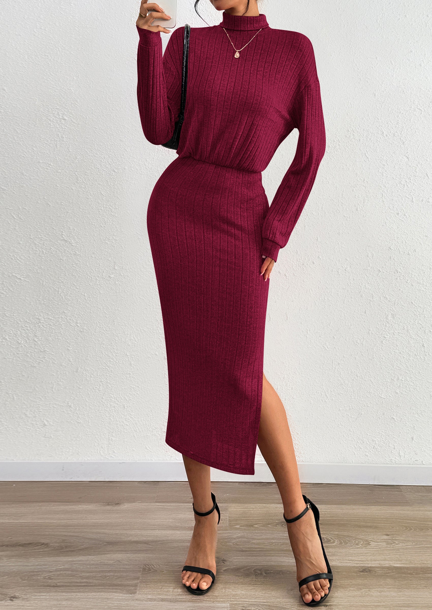 PRETTYGARDEN Turtle Neck Dresses for Women Fall Knit Outfits Slit Elastic Waist Long Sleeve Bodycon Midi Sweater Dress