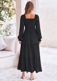 PRETTYGARDEN Fall Wedding Guest Dresses for Women Long Sleeve Square Neck Tiered A Line Modest Elegant Flowy Dresses
