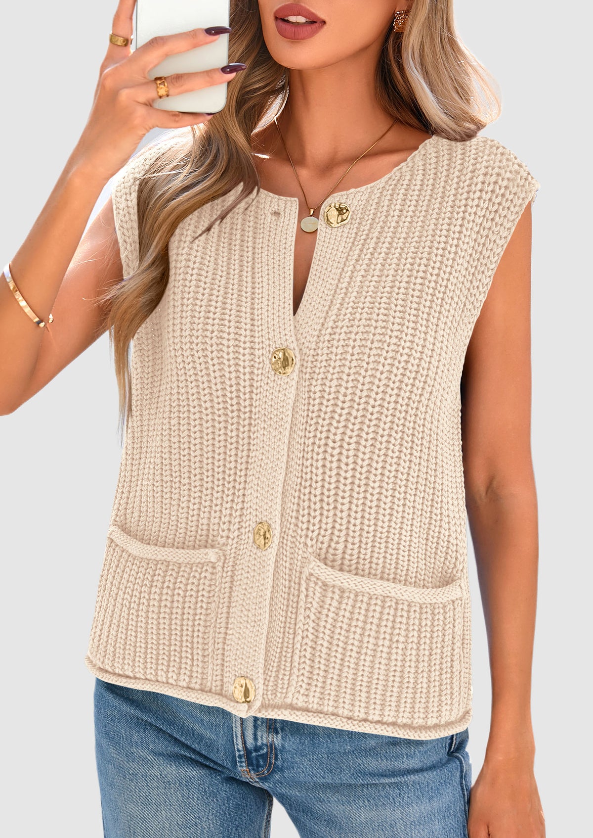 Sleeveless Button Down Cropped Chunky Knit Cardigan Trendy Tank Tops with Pockets