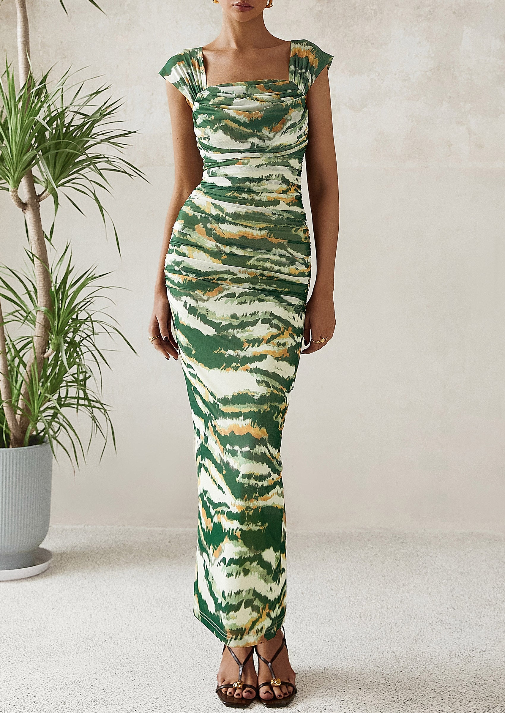 PRETTYGARDEN Maxi Dresses for Women Summer Elegant Floral Off Shoulder Ruched Mesh Cocktail Wedding Guest Dress