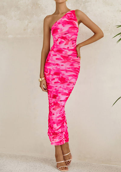 PRETTYGARDEN Women's One Shoulder Bodycon Dresses Ruched Floral Beach Cocktail Wedding Guest Dress