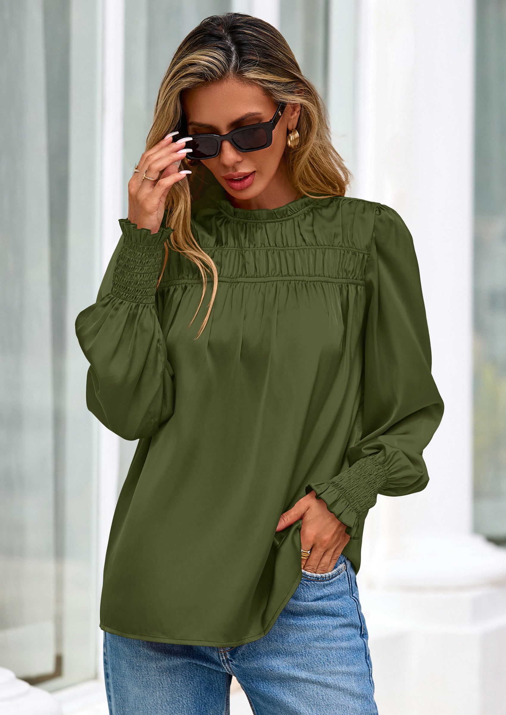 PRETTYGARDEN Blouses for Women Dressy Casual Fall Outfits Frill Neck Long Sleeve Shirts Satin Work Business Casual Tops