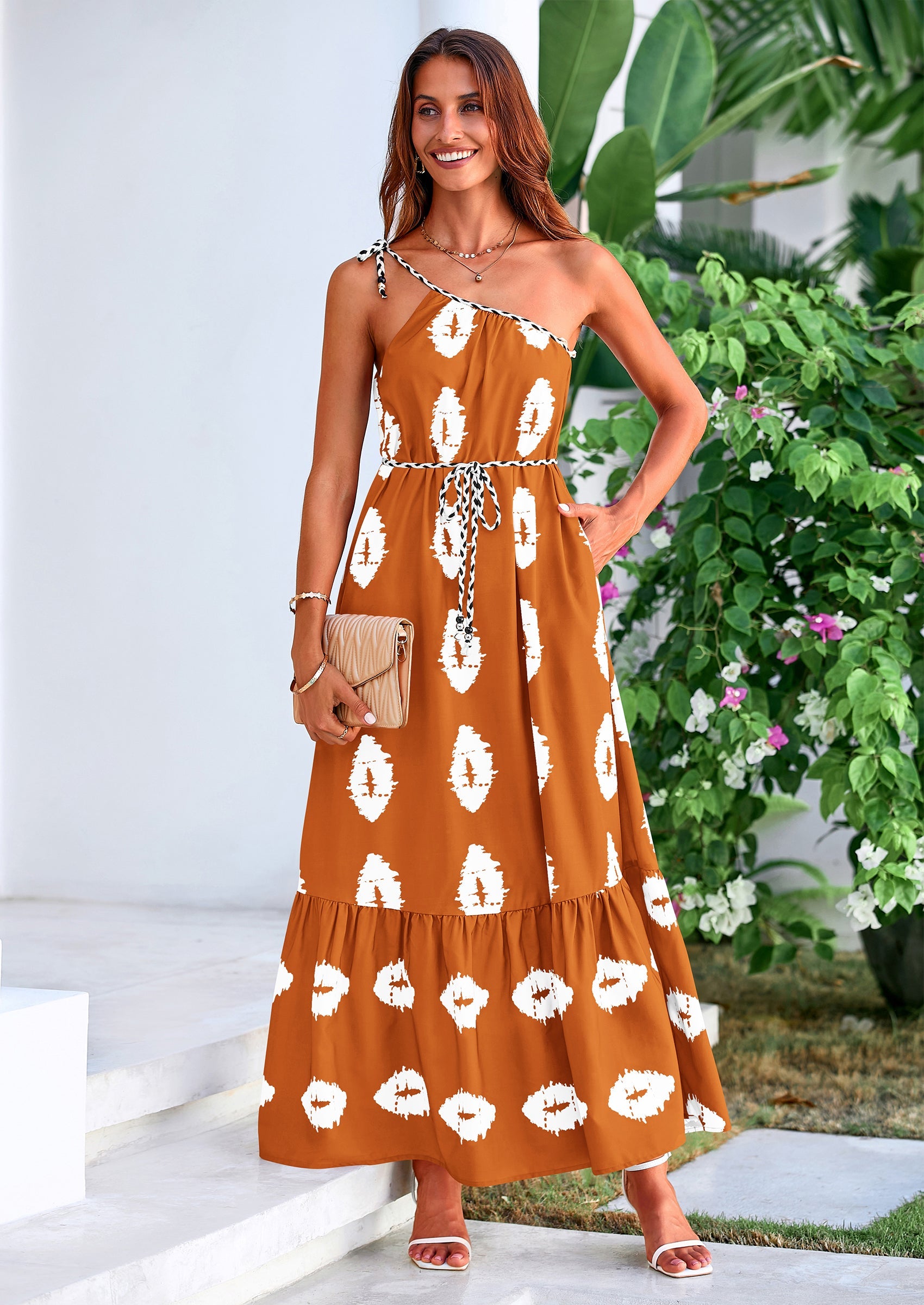 one shoulder long summer dresses Women Summer Maxi Dress One Shoulder Dresses Casual A Line Flowy Long Sundress