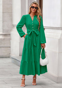 PRETTYGARDEN Fall Dresses for Women Long Sleeve V Neck Belted Ruffle A Line Flowy Boho Maxi Wedding Guest Dress Pockets