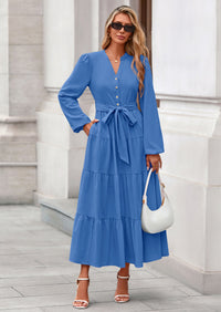 PRETTYGARDEN Fall Dresses for Women Long Sleeve V Neck Belted Ruffle A Line Flowy Boho Maxi Wedding Guest Dress Pockets