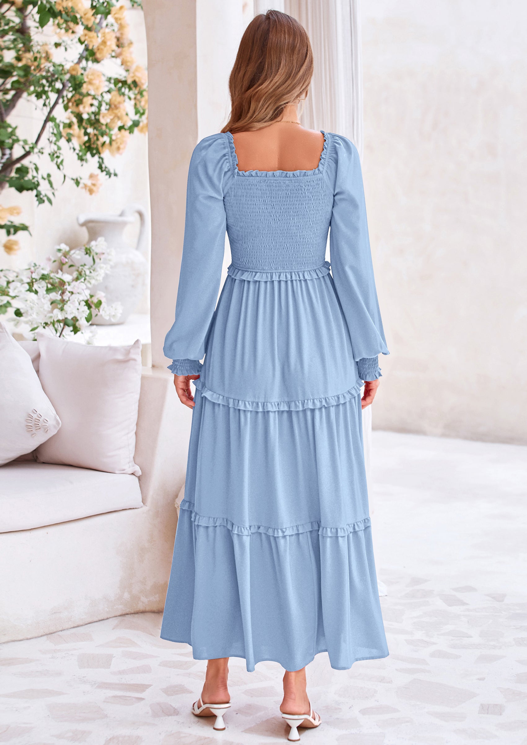PRETTYGARDEN Fall Wedding Guest Dresses for Women Long Sleeve Square Neck Tiered A Line Modest Elegant Flowy Dresses