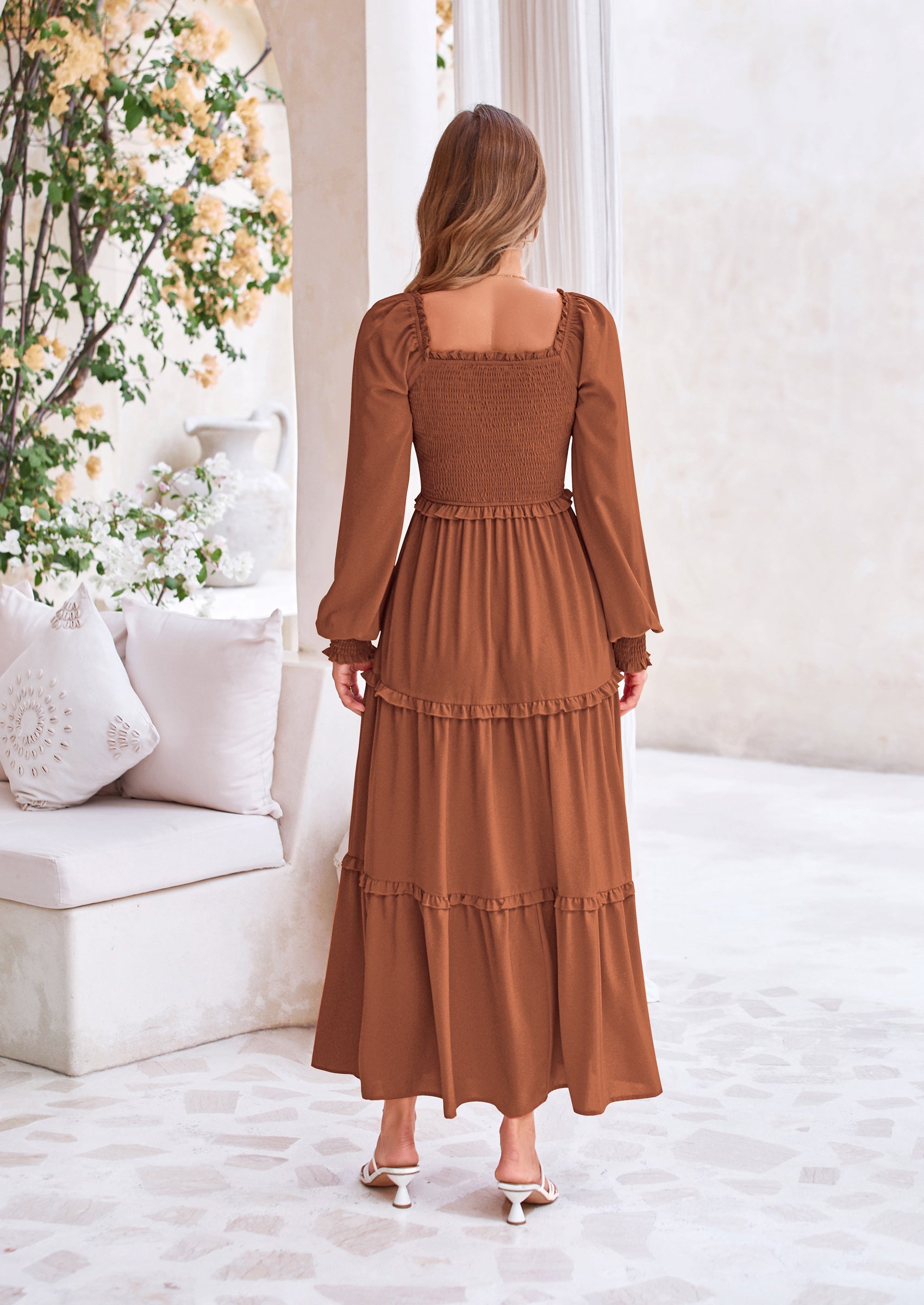 PRETTYGARDEN Fall Wedding Guest Dresses for Women Long Sleeve Square Neck Tiered A Line Modest Elegant Flowy Dresses