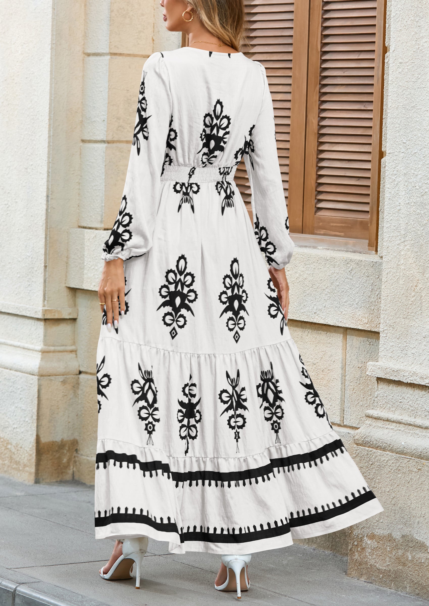 PRETTYGARDEN Women's Fall Wedding Guest Dresses Boho Floral Long Sleeve V Neck Flowy Elegant Maxi Dress Beach Clothes