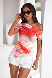 PRETTYGARDEN Womens Summer Off The Shoulder Tops 2026 Spring Short Sleeve Mesh Tie Dye Shirt Ruched Asymmetrical Y2k Clothes PRETTYGARDEN