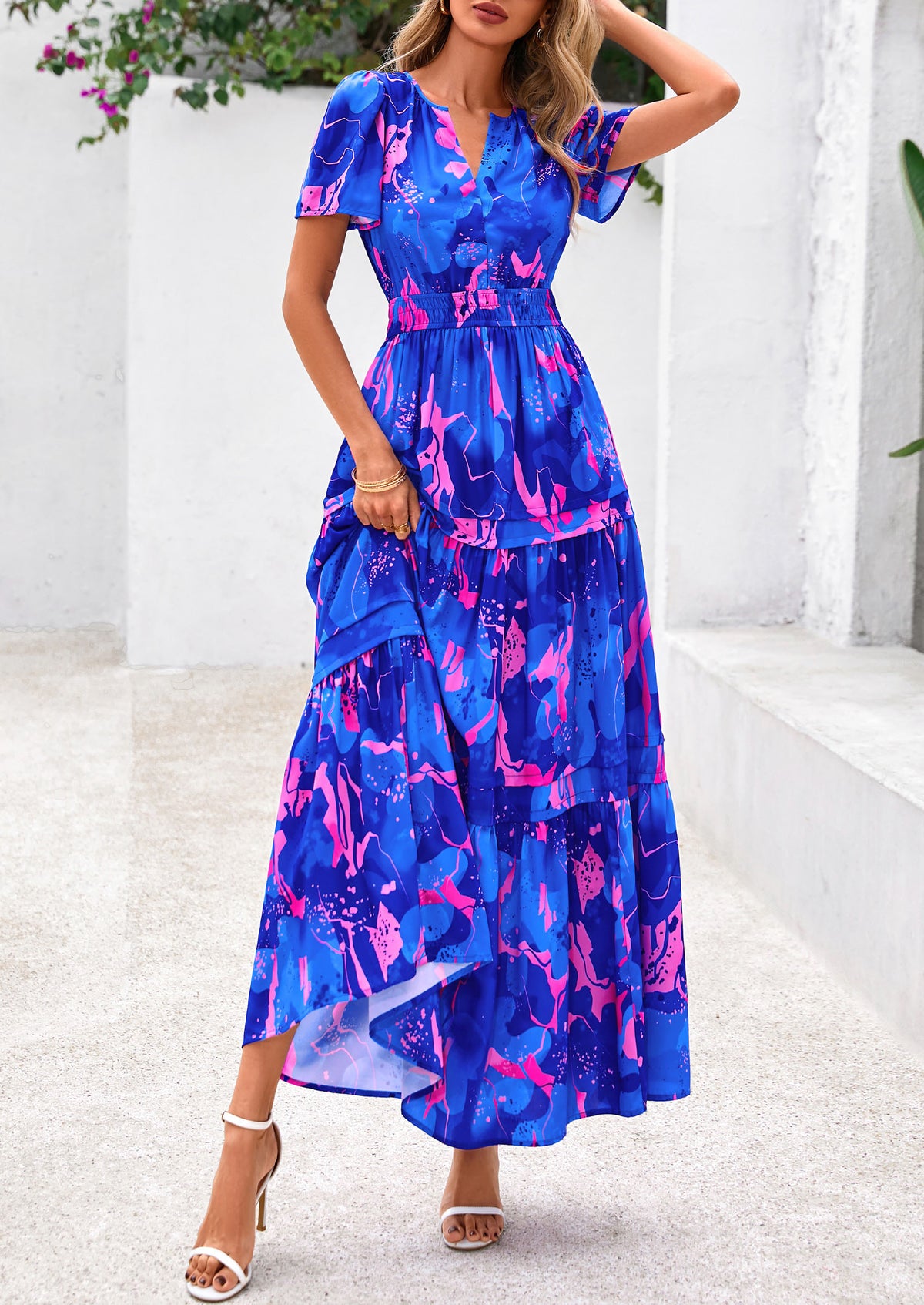 Summer Boho Floral Short Sleeve V Neck A Line Tiered Ruffle Flowy Long Beach Vacation Maxi Dresses