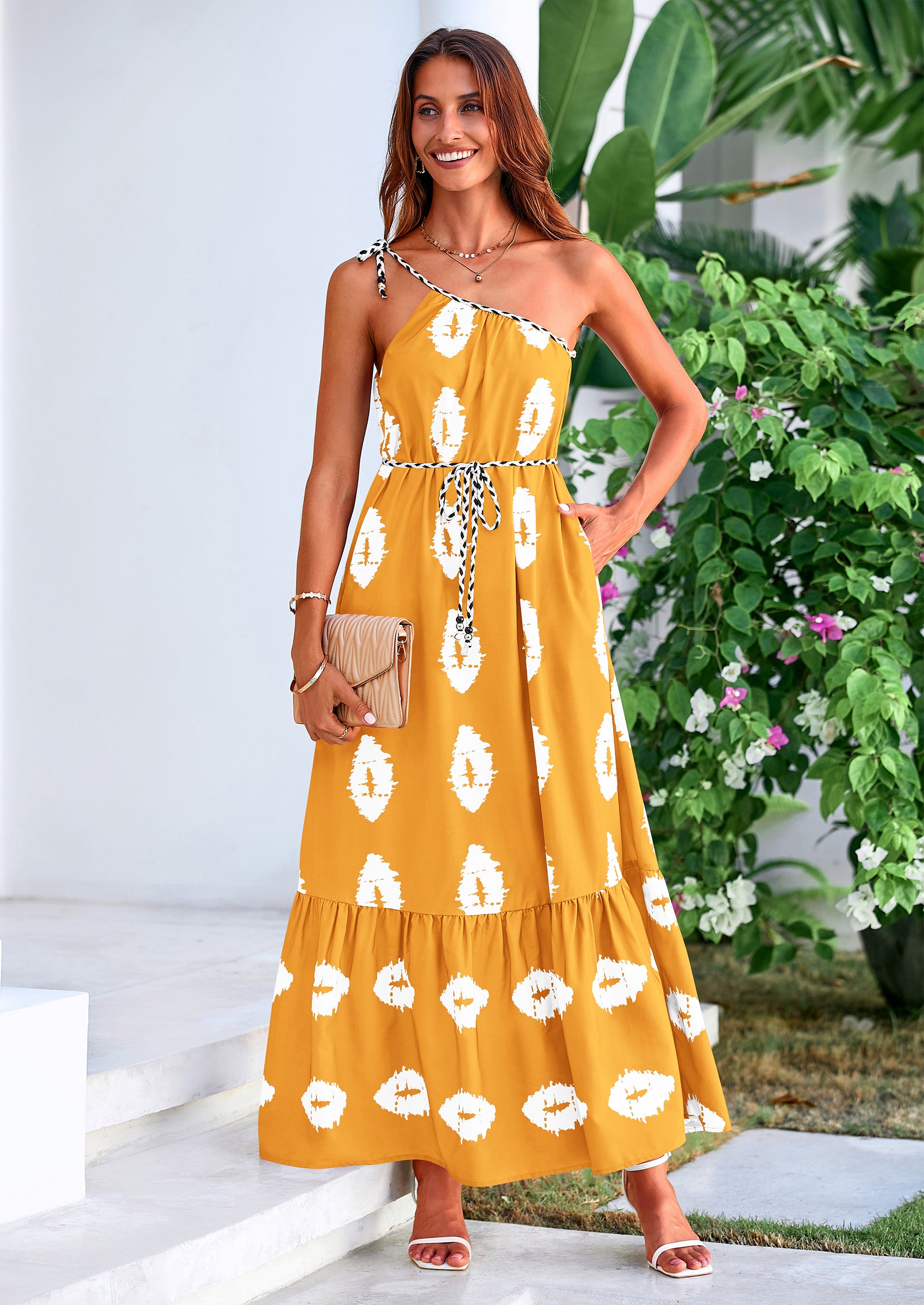 PRETTYGARDEN Women's Summer Maxi Dresses One Shoulder Printed Flowy Boho Beach Vacation Long Sundress