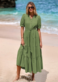 PRETTYGARDEN Women's Midi Dress Casual Short Sleeve V Neck Buttons Belted Ruffle A Line Flowy Dress with Pockets