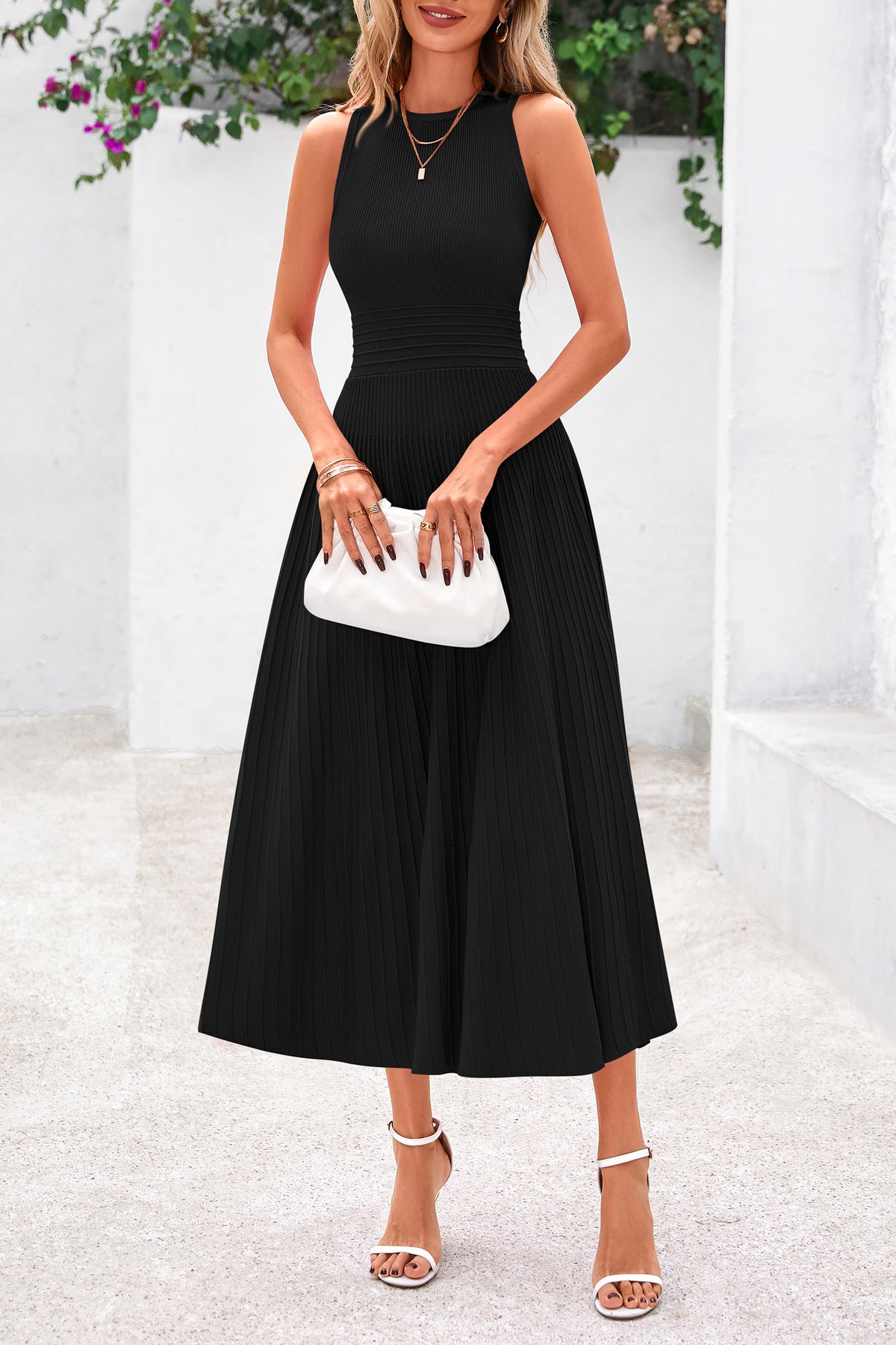 Women's Summer Midi Dresses 2025 Sleeveless Crewneck Knit A Line Pleated Swing Wedding Guest Casual Tank Dress