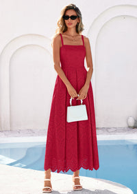 PRETTYGARDEN Womens Sleeveless Maxi Summer Dresses Hollow Out Eyelet Square Neck Ruffle Flowy Beach Vacation Sundress PRETTYGARDEN