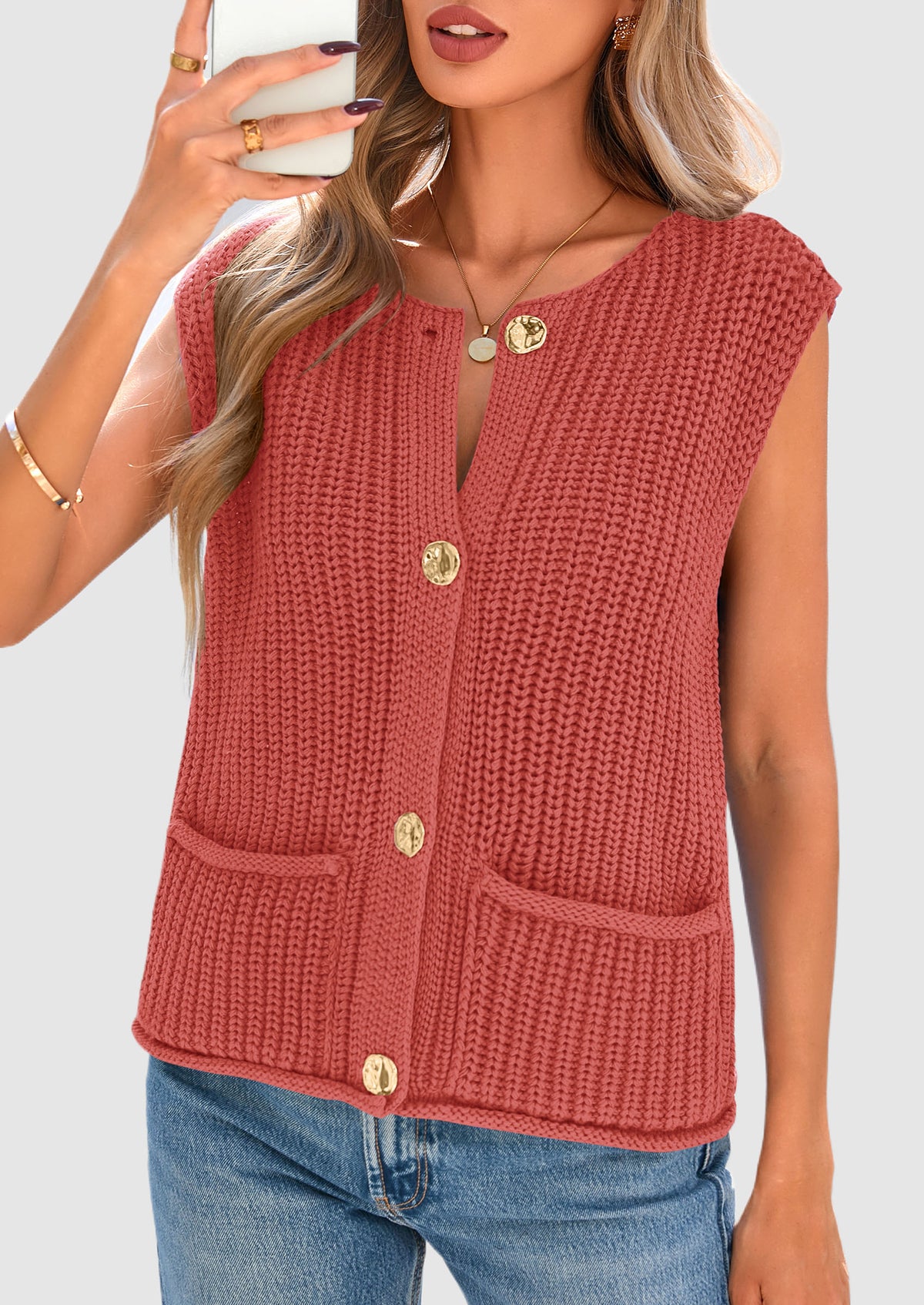 Sleeveless Button Down Cropped Chunky Knit Cardigan Trendy Tank Tops with Pockets