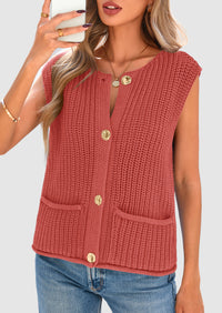 Sleeveless Button Down Cropped Chunky Knit Cardigan Trendy Tank Tops with Pockets