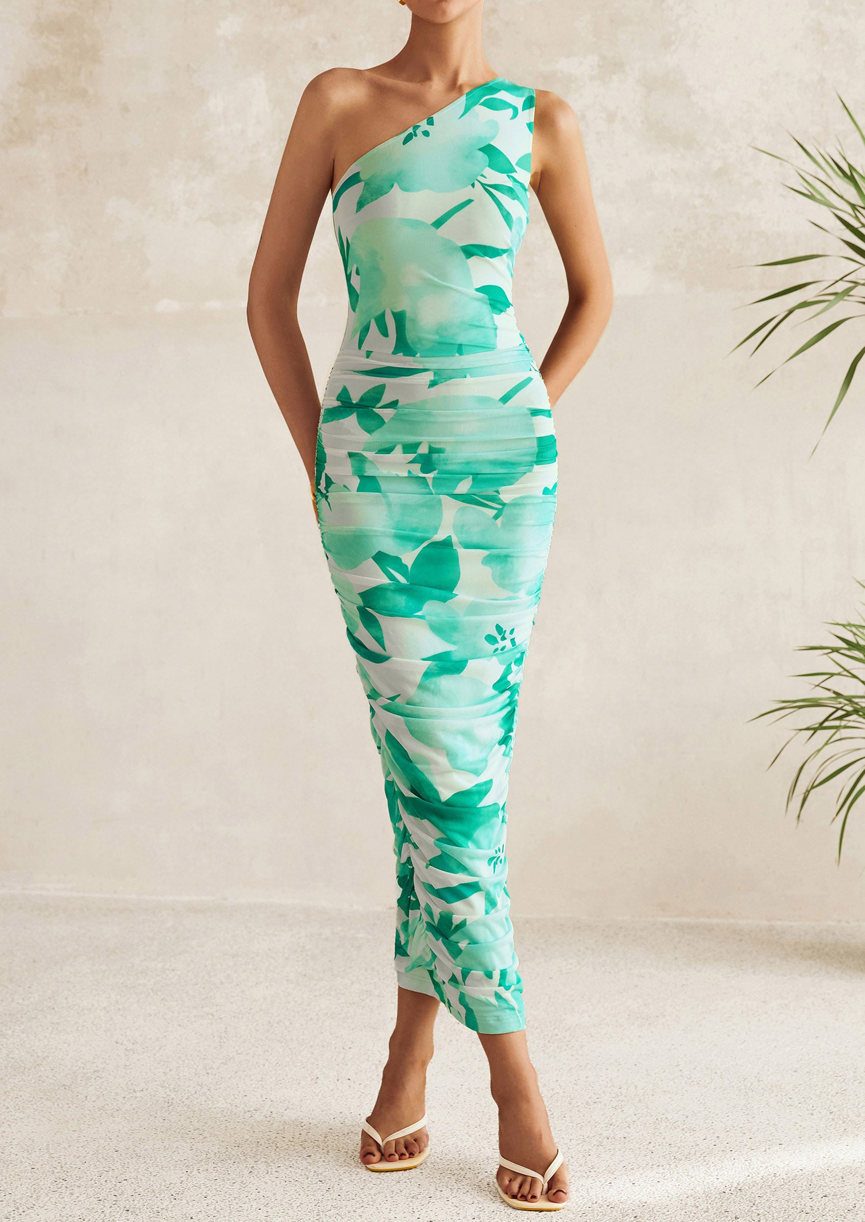 PRETTYGARDEN Women's One Shoulder Bodycon Dresses Ruched Floral Beach Cocktail Wedding Guest Dress